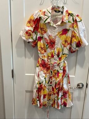 Mlle Gabrielle Small White Midi Dress Red & Yellow Floral Print Puff Sleeve